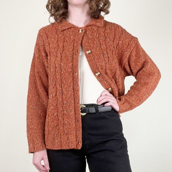 Vintage Cable Knit Wool Blend Cardigan Sweater Oversized Rustic Fall Winter Cozy - Picture 2 of 10